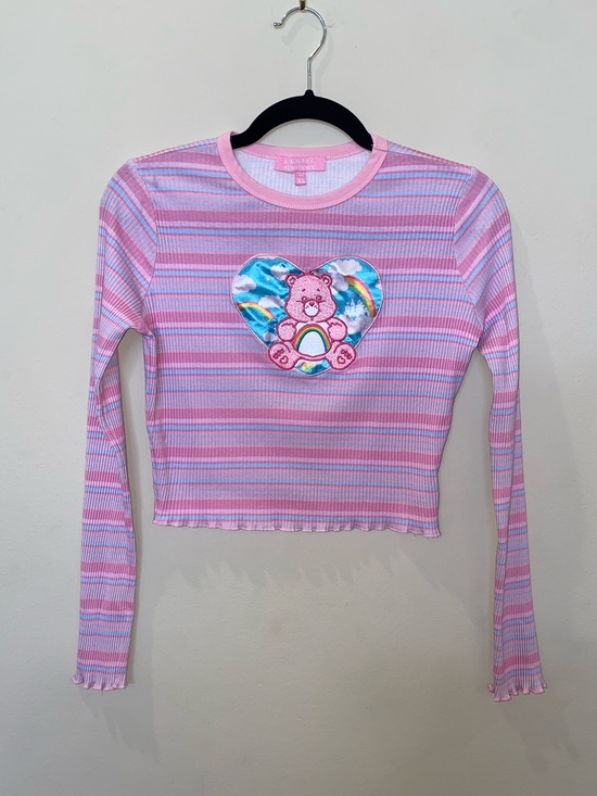 Dolls Kill Tops - Doll’s Kill x Care Bears Pink & Blue Pastel Striped Long-Sleeve Baby Tee Y2K